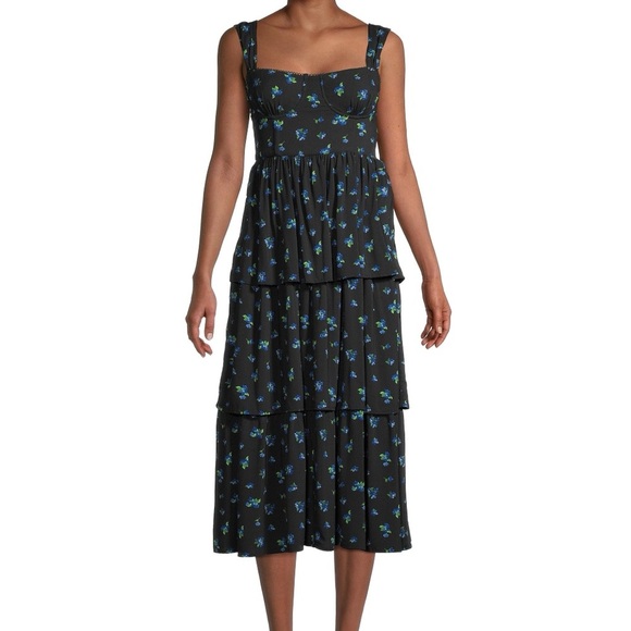 WeWoreWhat Dresses & Skirts - WeWoreWhat corset Tiered Cottagecore black Midi Dress with Blue Floral Pattern
